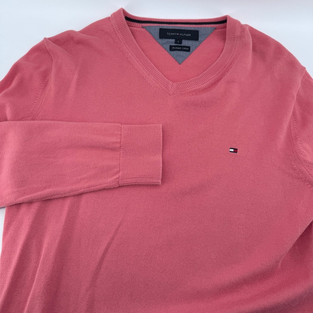 Tommy Hilfiger V‎ Neck Sweater Mens Size L Premium Cotton V  Coral Pink